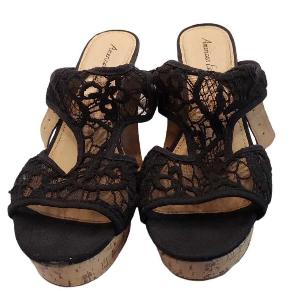 American Eagle Black Lace Peep Toe Wedge